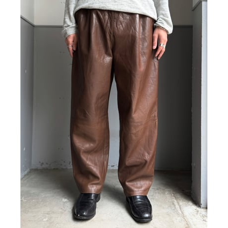 1990's Brown leather wide silhouette tuck pants