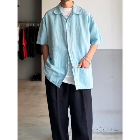 2000's Linen / Cotton fabric skyblue open collar short sleeve shirt