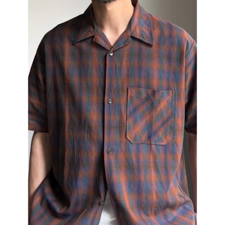 1960's〜 Ombre plaid 4button / open-collar short sleeve shirt