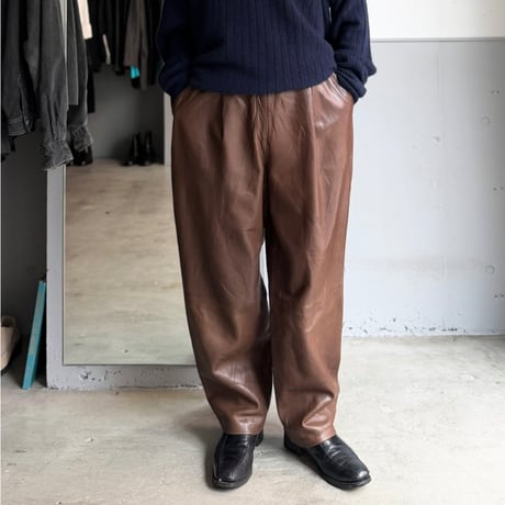 1990's Brown leather wide silhouette tuck pants