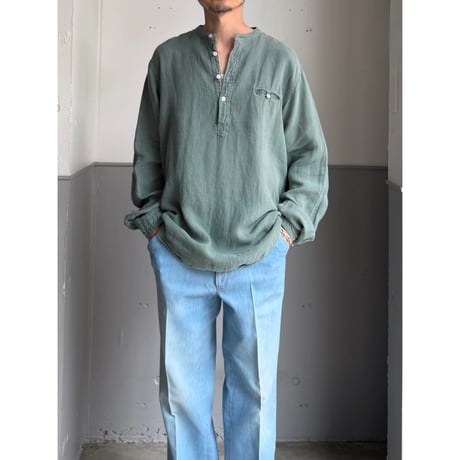 2000's Fine european linen fabric band collar pull over shirt