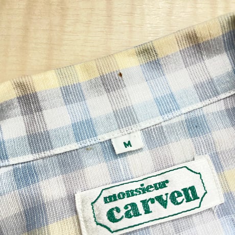 1980's "monsieur carven" plaid patterned open collar short sleeve shirt