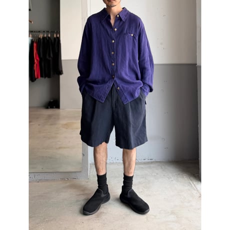2000's "Daniel Cremieux" Navy × Skyblue Linen fabric 2tuck shorts