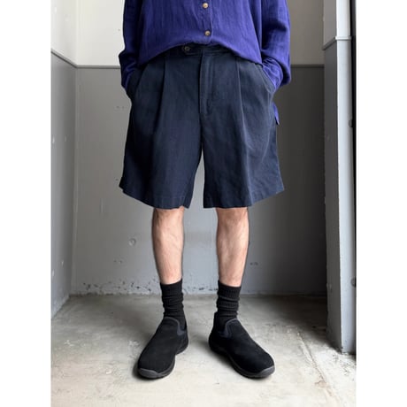 2000's "Daniel Cremieux" Navy × Skyblue Linen fabric 2tuck shorts