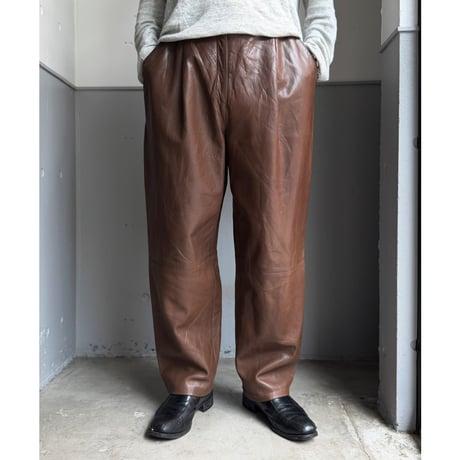 1990's Brown leather wide silhouette tuck pants