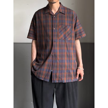 1960's〜 Ombre plaid 4button / open-collar short sleeve shirt