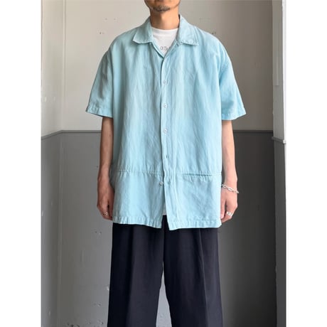 2000's Linen / Cotton fabric skyblue open collar short sleeve shirt