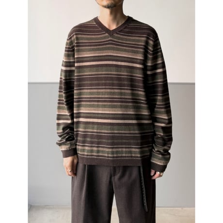 2000's "STRUCTURE" ITALIAN Merino Wool stripe pattern V-necked knit sweater