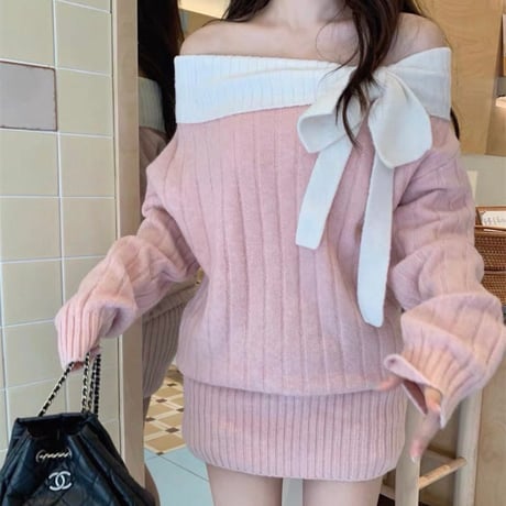 Off Shoulder Ribbon Onepiece 2色