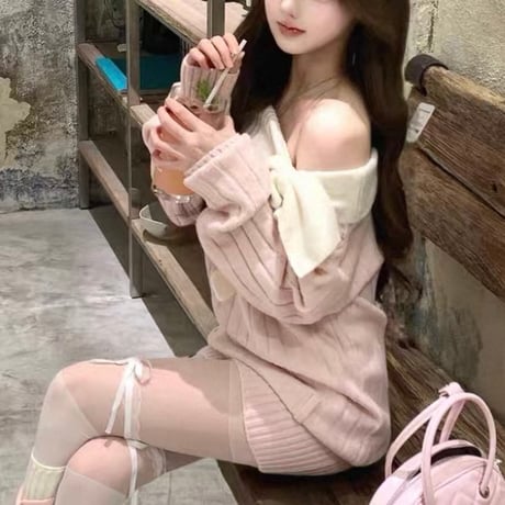 Off Shoulder Ribbon Onepiece 2色