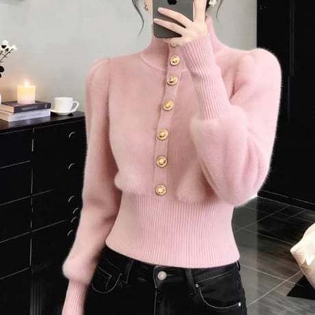 High Neck Button Top 2色