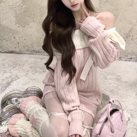Off Shoulder Ribbon Onepiece 2色