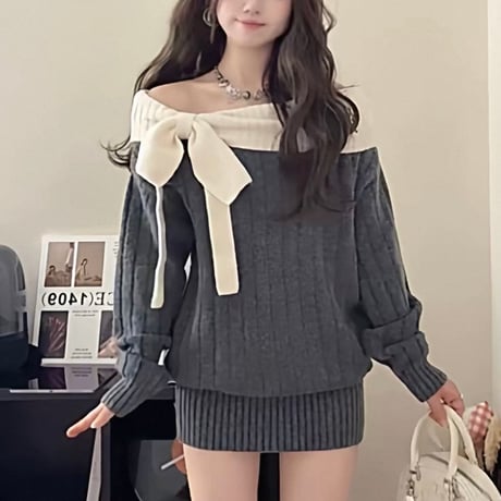 Off Shoulder Ribbon Onepiece 2色