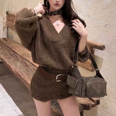 Belted Distressed Knit Onepiece 3色
