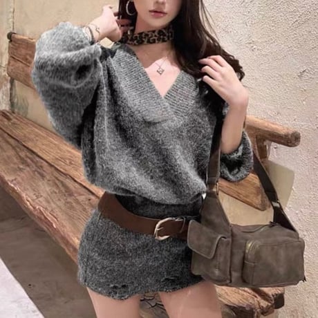 Belted Distressed Knit Onepiece 3色