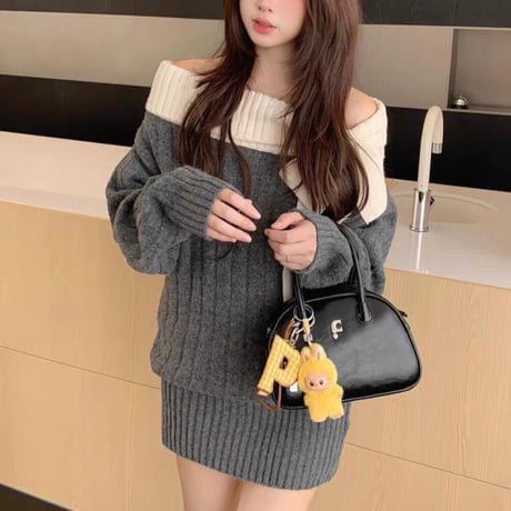 Off Shoulder Ribbon Onepiece 2色