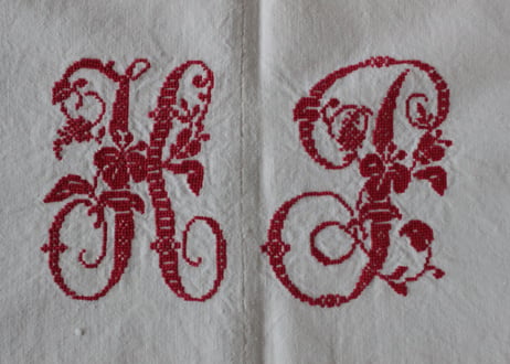 France Antique Linge Ancien Feuilles MONOGRAM“HL”シーツ