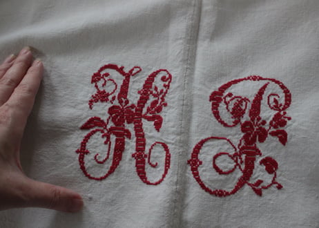 France Antique Linge Ancien Feuilles MONOGRAM“HL”シーツ
