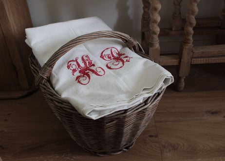 France Antique Linge Ancien Feuilles MONOGRAM“HL”シーツ