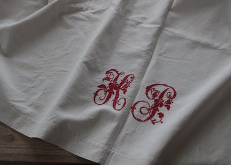 France Antique Linge Ancien Feuilles MONOGRAM“HL”シーツ
