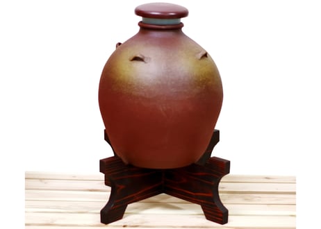 漏れなし塾生用（止水テスト済み）絶品3升灰釉（かいゆう）灰かけ耳付壺甕カメ（縄なし）灰がかかった最高の風合い！沖縄の土で作る本場泡盛古酒（ウィスキー、焼酎などの蒸留酒を熟成）