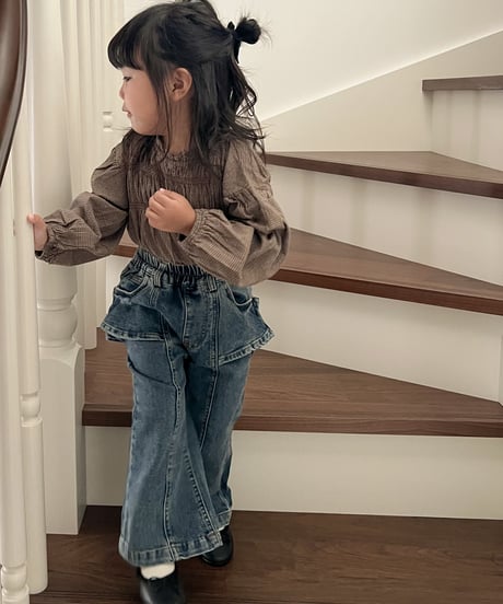 【即納】 gather check blouse