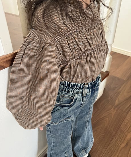【即納】 gather check blouse