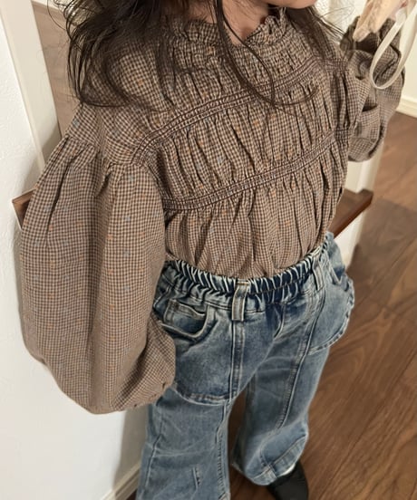 【即納】 gather check blouse