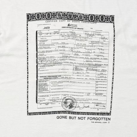 KURT COBAIN CERTIFICATE OF DEATH WHITE FITS LARGE 3607