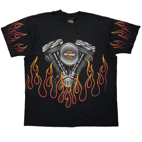 HARLEY DAVIDSON FLAMING ENGINE LINK PRINT ATLANTA BLACK XL 2491
