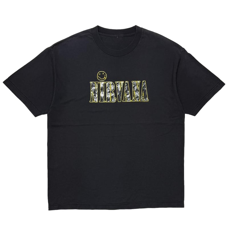 NIRVANA TEXT LOGO WITH SMILE BLACK FITS LARGE 7