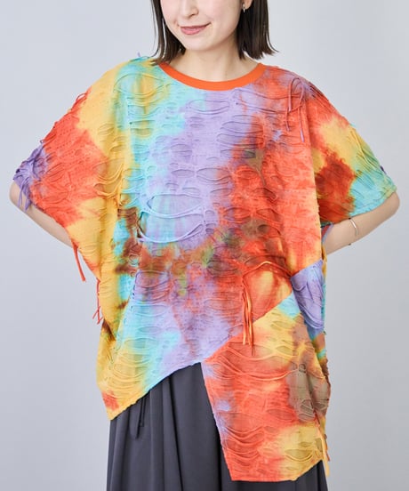 【select】ダイダイ柄ダメージデザイン アシンメトリーTシャツ（208566）