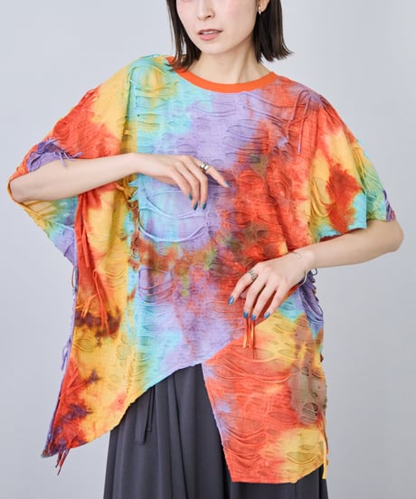【select】ダイダイ柄ダメージデザイン アシンメトリーTシャツ（208566）