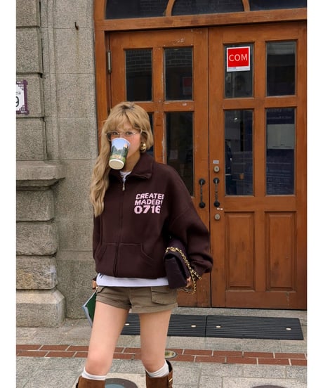 archive lettering zip-up knit / brown×pink