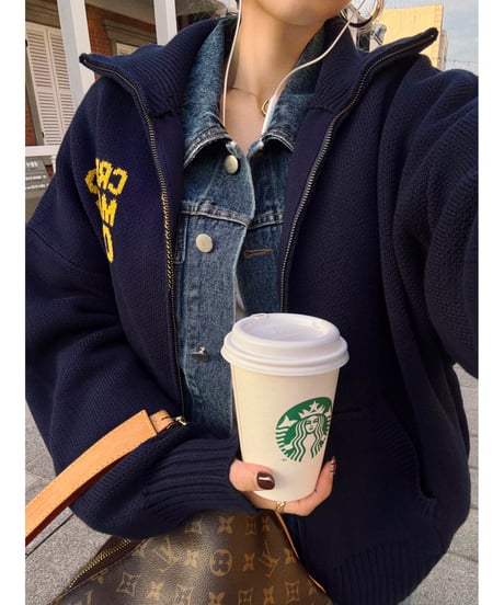archive lettering zip-up knit / navy× yellow