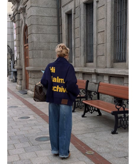 archive lettering zip-up knit / navy× yellow