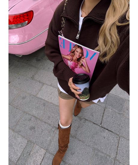 archive lettering zip-up knit / brown×pink