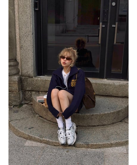 archive lettering zip-up knit / navy× yellow