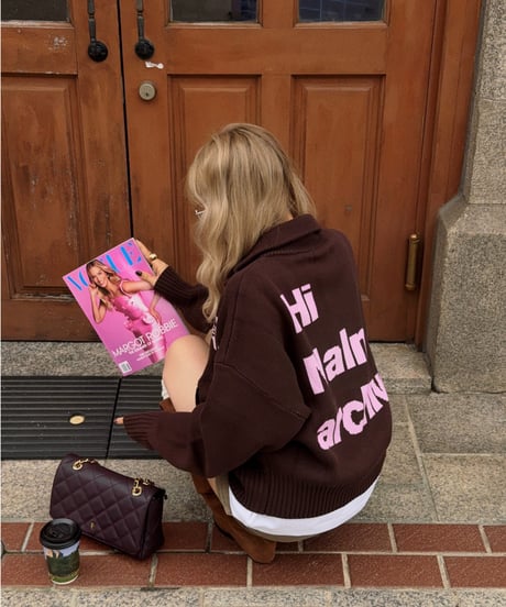 archive lettering zip-up knit / brown×pink