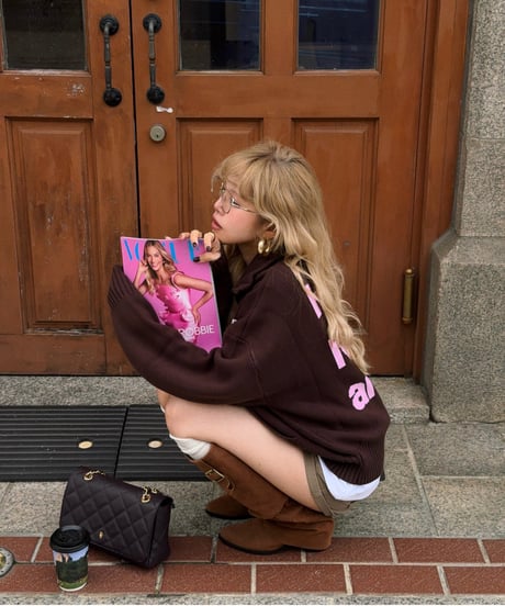 archive lettering zip-up knit / brown×pink