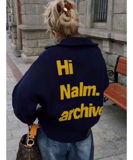 archive lettering zip-up knit / navy× yellow