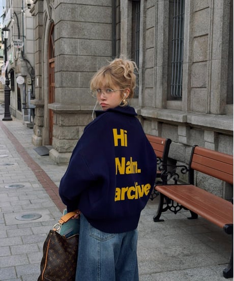 archive lettering zip-up knit / navy× yellow