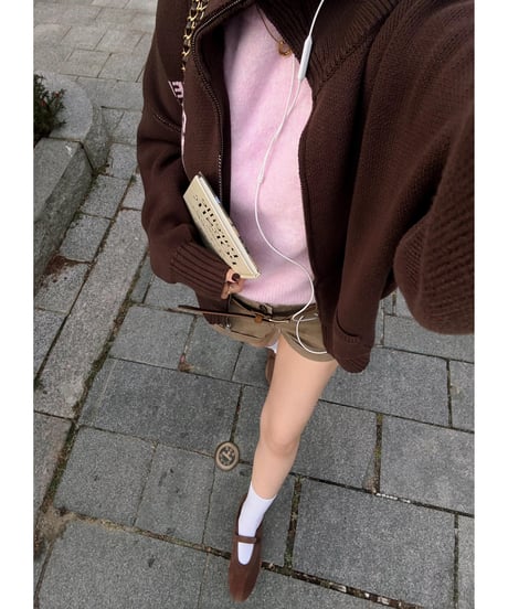 archive lettering zip-up knit / brown×pink