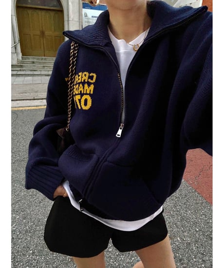 archive lettering zip-up knit / navy× yellow