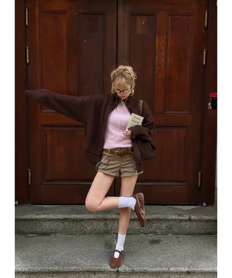 archive lettering zip-up knit / brown×pink