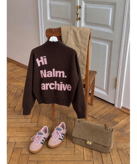 archive lettering zip-up knit / brown×pink