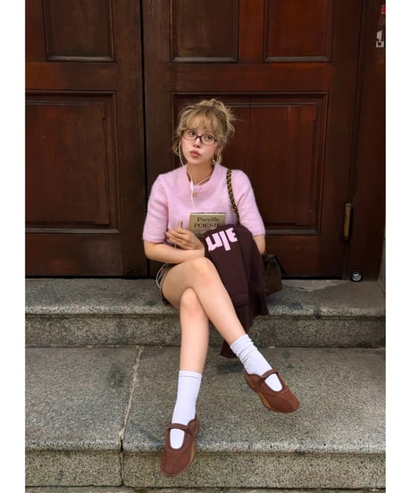 archive lettering zip-up knit / brown×pink