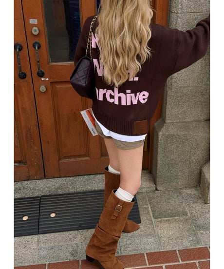 archive lettering zip-up knit / brown×pink
