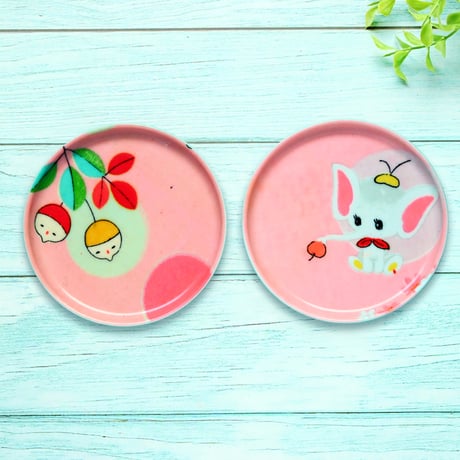 豆皿コースター(2枚セット) φ10cm【子供着物】ぞうさんとコロコロどんぐり