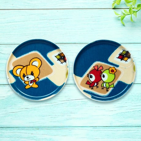 豆皿コースター(2枚セット) φ10cm【子供着物】おめかしテディベアと小鳥